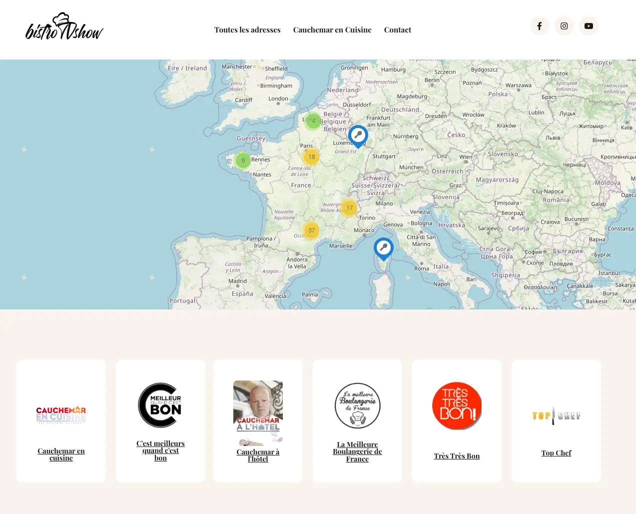 Carte interactive du site BistroTVShow affichant les adresses des restaurants liés à des émissions comme Cauchemar en Cuisine, Top Chef, et La Meilleure Boulangerie de France.