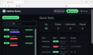 Capture d’écran du tableau de bord Uptime Kuma utilisé pour superviser les liens opérateurs, affichant les statistiques de disponibilité avec des indicateurs Up, Down et les détails des sondes.